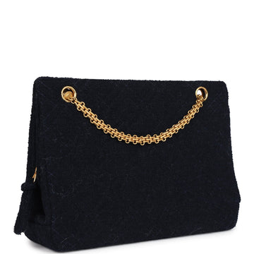 Vintage Chanel Shoulder Bag Navy Tweed Gold Hardware