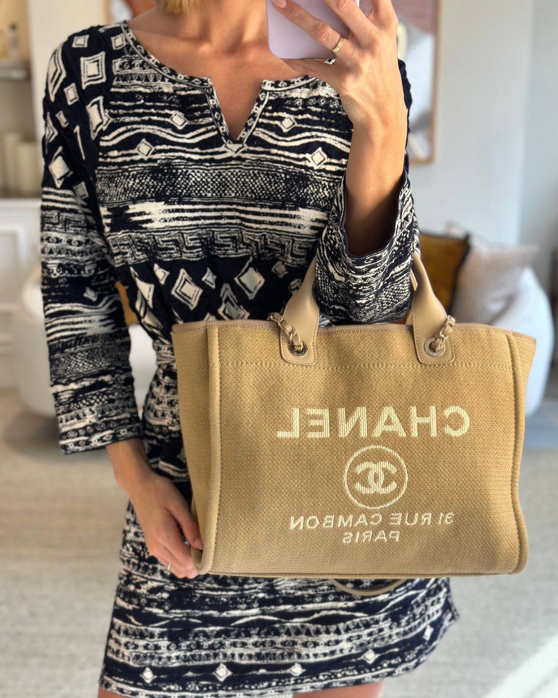 Chanel Dark Beige Canvas Small Deauville Tote Bag with CC Logo Print and Champagne Gold Hardware