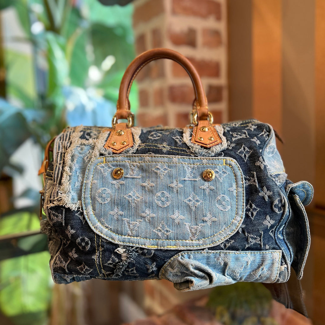 LOUIS VUITTON Speedy 30 Limited Edition Blue Denim Patchwork Satchel Bag