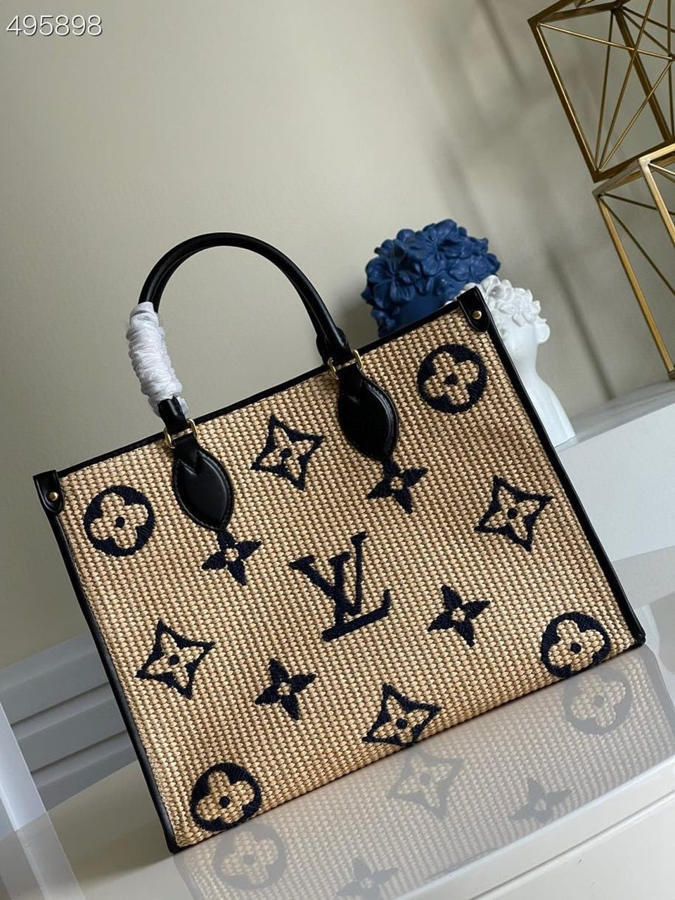 LV OnTheGo MM Tote Bag Monogram Raffia Navy Blue For Womtlm,  Shoulder Bags 13.8in/35cm LV M57723