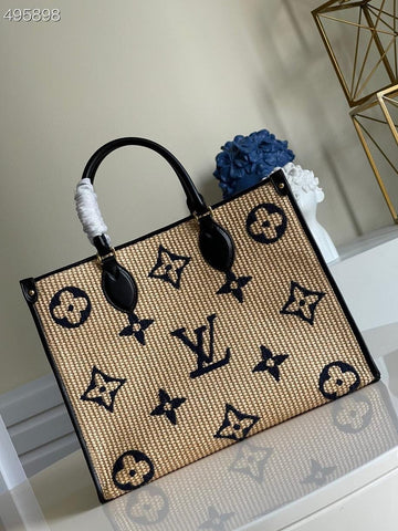 LV OnTheGo MM Tote Bag Monogram Raffia Navy Blue For Womtlm,  Shoulder Bags 13.8in/35cm LV M57723