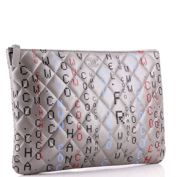 CHANEL METALLIC SILVER QUILTED LAMBSKIN PRINTED DATA CENTER O CLUTCH