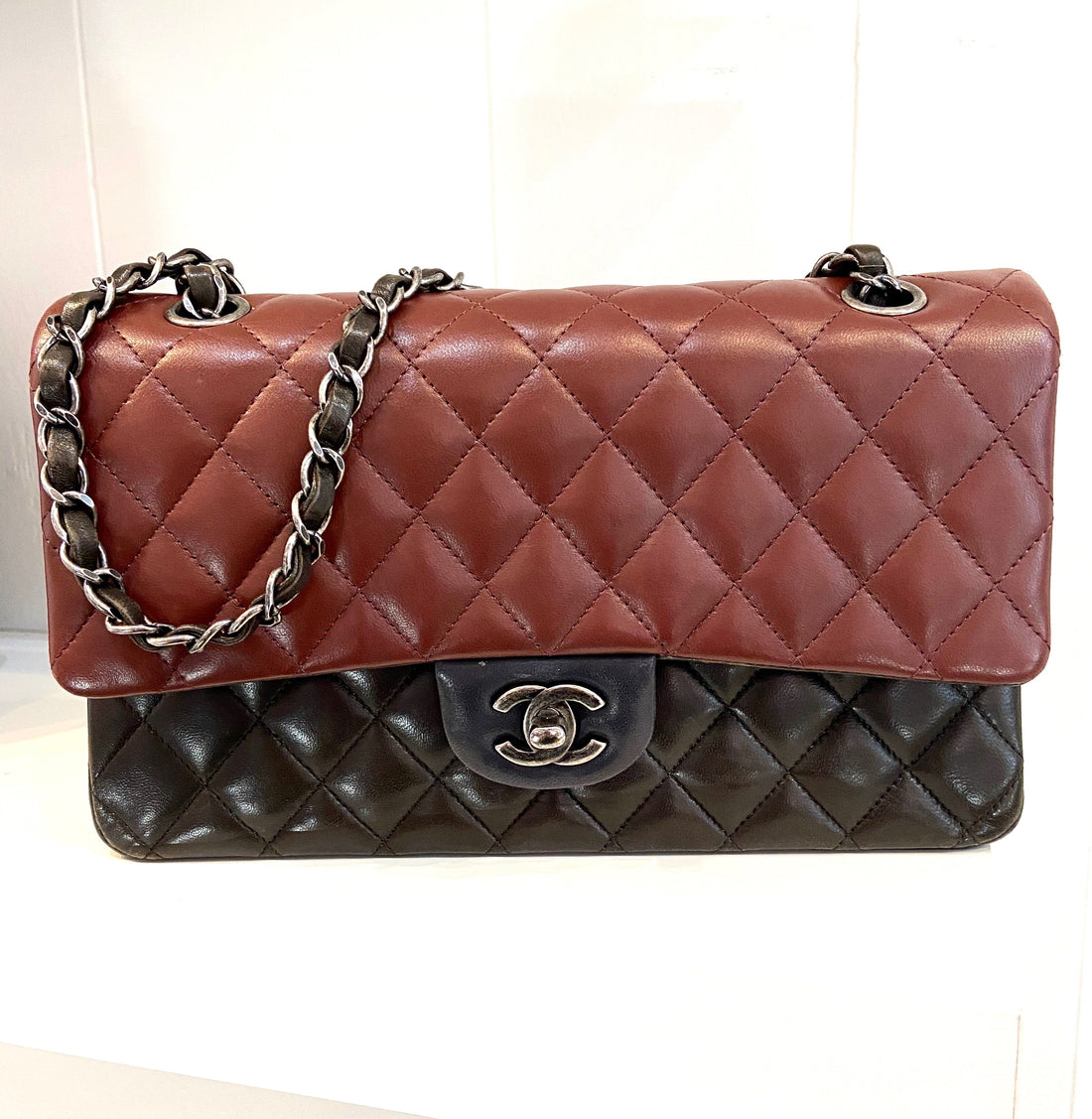 CHANEL QUILTED LAMBSKIN TRICOLOR CLASSIC DOUBLE FLAP BAG MEDIUM