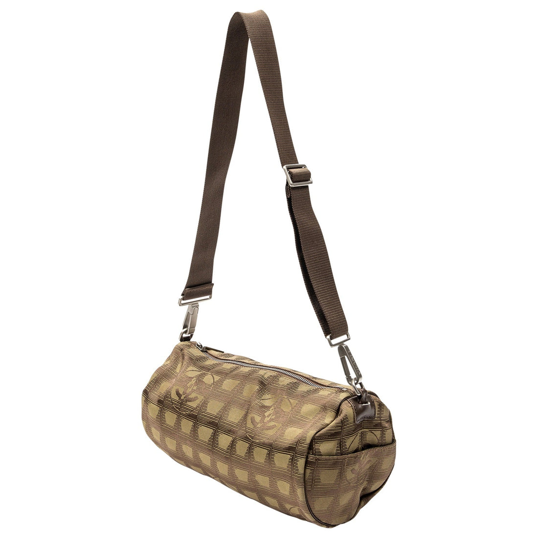 CHANEL TRAVEL LINE NYLON JACQUARD LEATHER MINI ROLL BAG