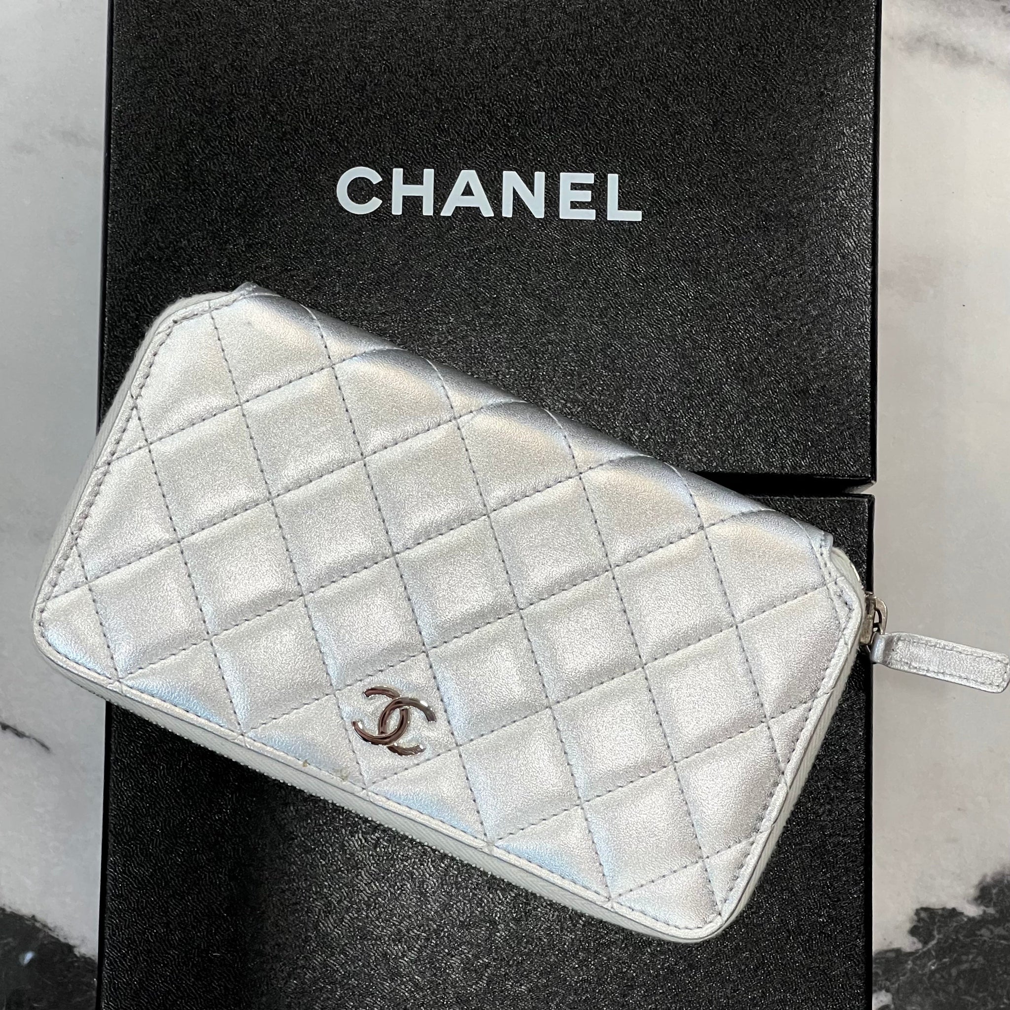 CHANEL QUILTED LAMBSKIN ZIP AROUND WALLET