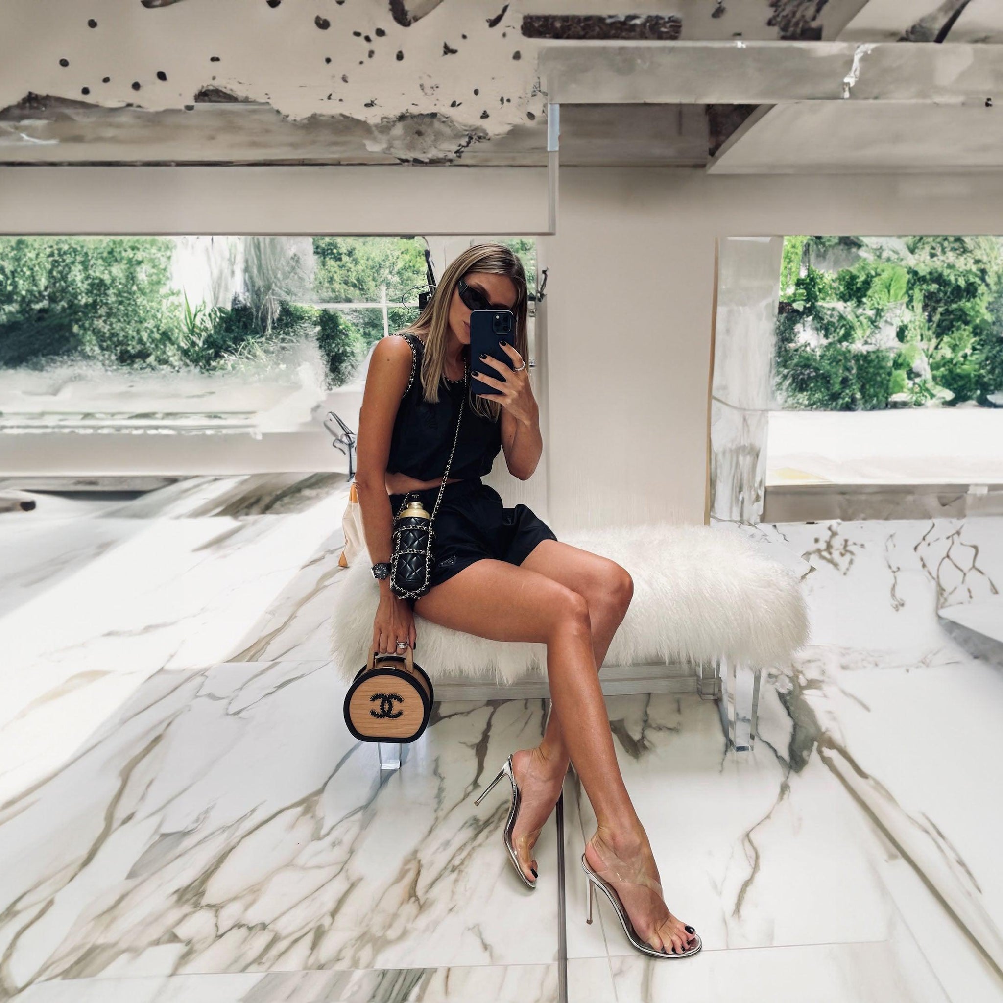 Chanel Round CC Vanity Case Beechwood and Black Lambskin Gold Hardware