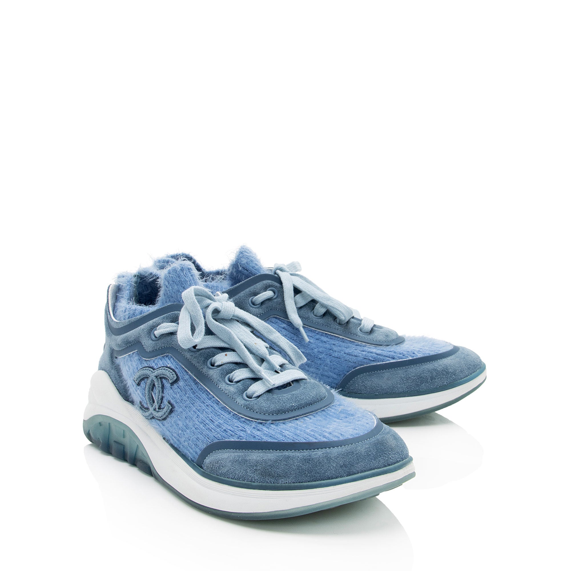 Chanel Suede Calfskin Stretch Fabric CC Sneakers - Size 8.5 / 38.5 (SHF-K53gSx)