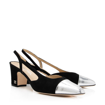 Chanel Suede Metallic Calfskin CC Cap Toe Slingback Pumps - Size 10 / 40 (SHF-2LxbHb)