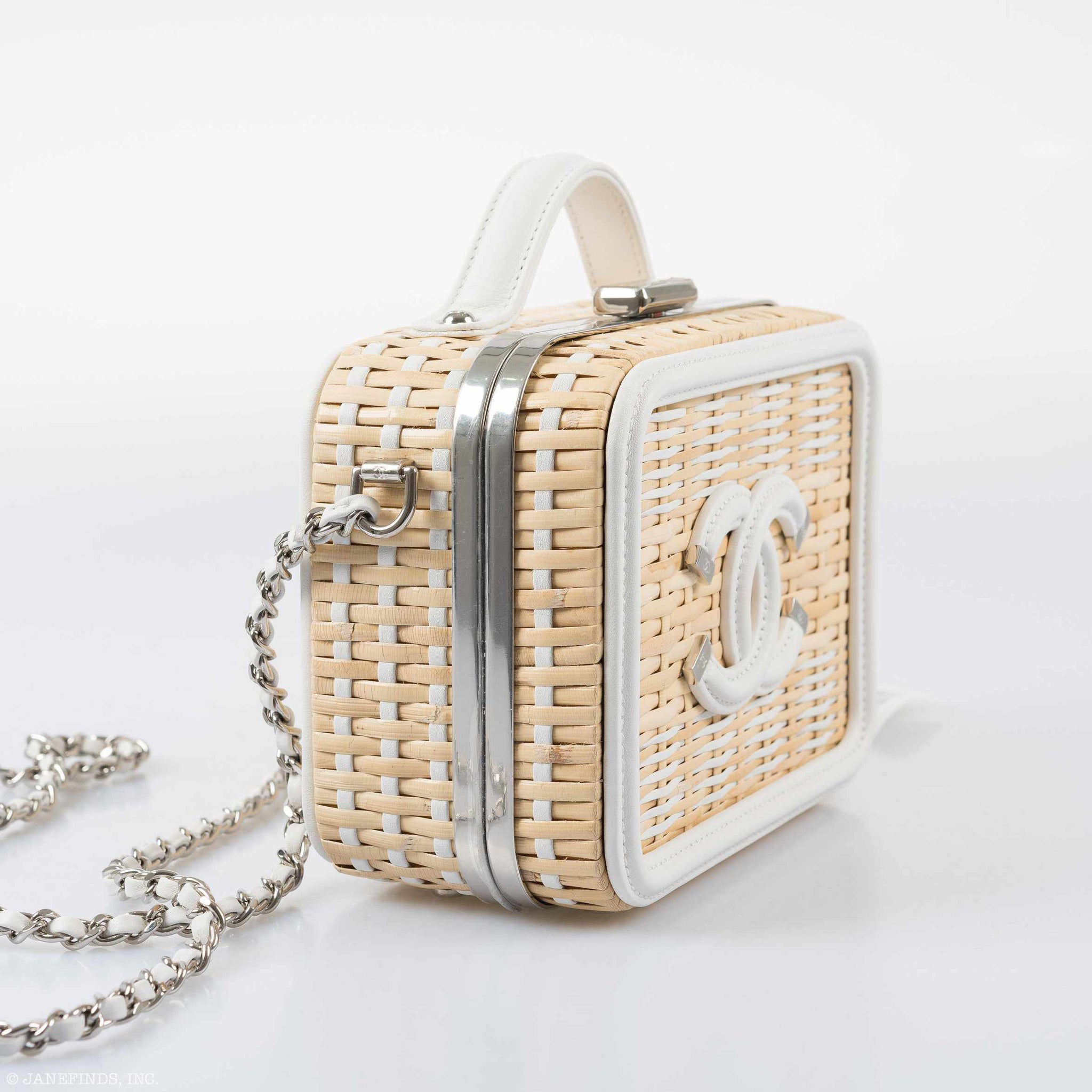 Chanel Vanity Case Beige & White, Rattan, Patent Calfskin & Silver-Tone Metal
