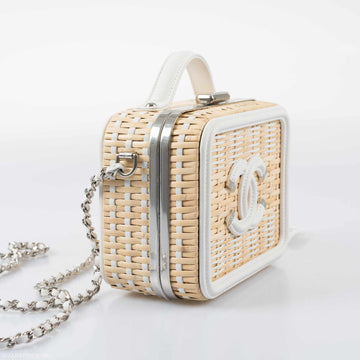 Chanel Vanity Case Beige & White, Rattan, Patent Calfskin & Silver-Tone Metal