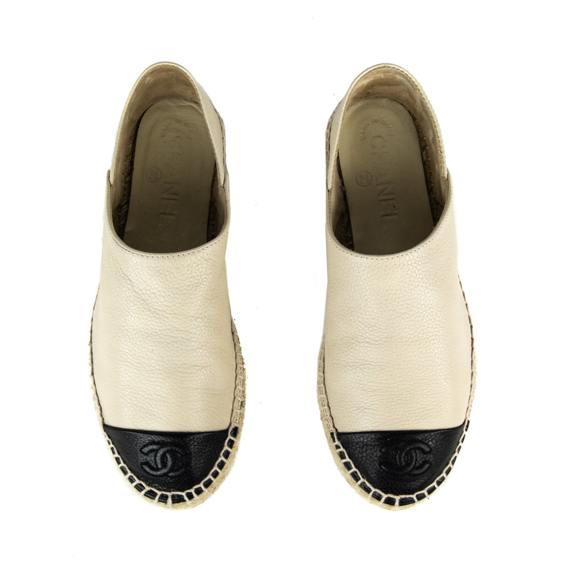 Chanel Beige & Black Leather Cap Toe Espadrilles Size US 6 | EU 36