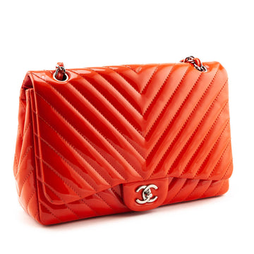 Chanel Orange Quilted Chevron Patent Maxi Classic Single Flap Shoulder Bag