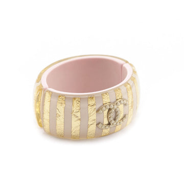 Chanel Pink & Gold Striped Resin & Faux Pearl CC Hinged Bracelet