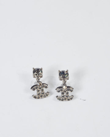 Chanel Silver Tone Double Interlocking CC Logo Pendant Crystal Earrings