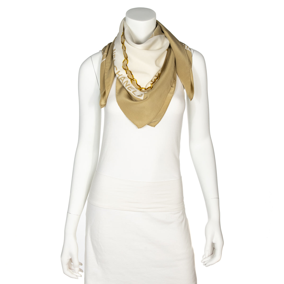Chanel Beige & White Silk Classic Flap Print Vintage Scarf