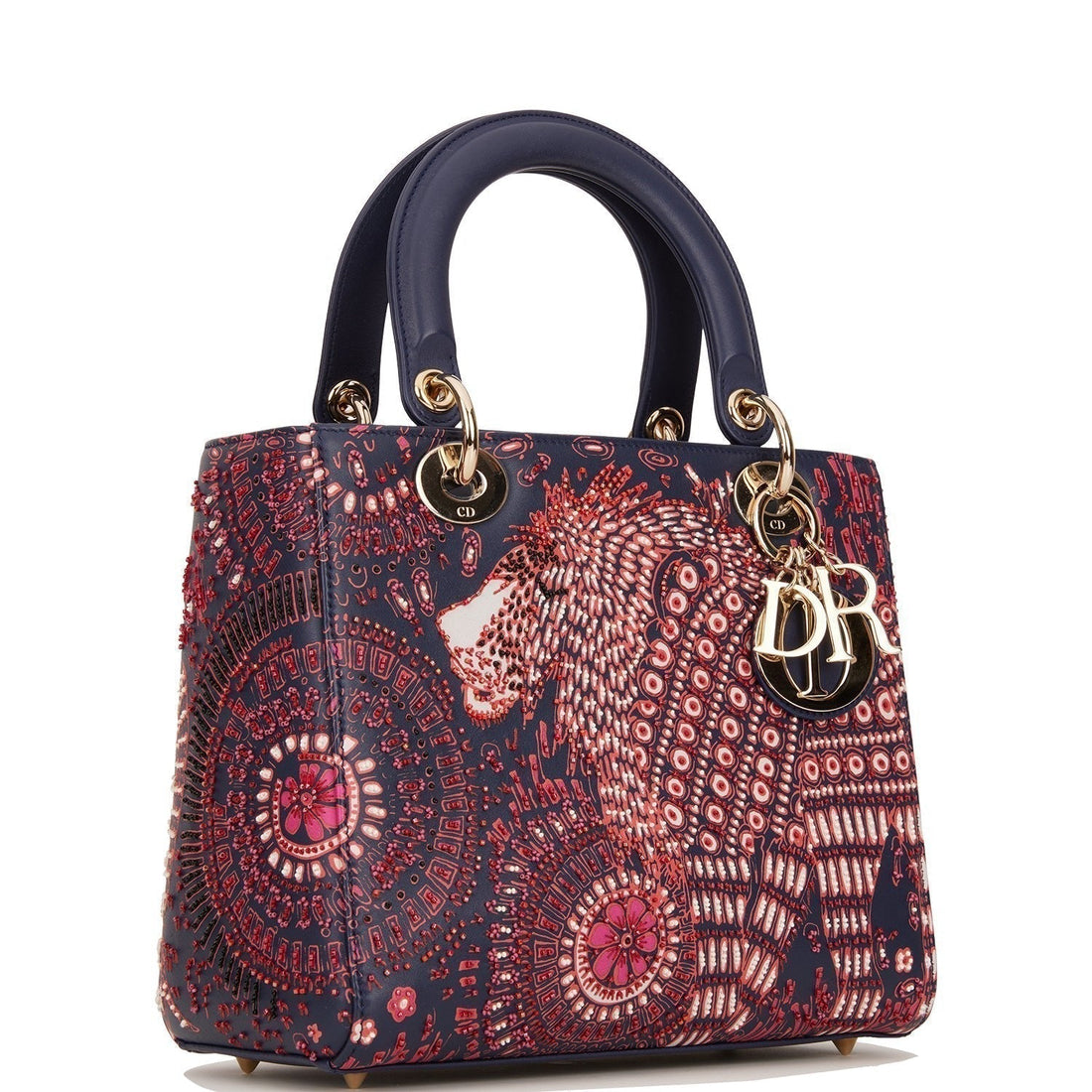 Christian Dior Medium Lady Dior Tote Navy Beaded Leather Gold Hardware