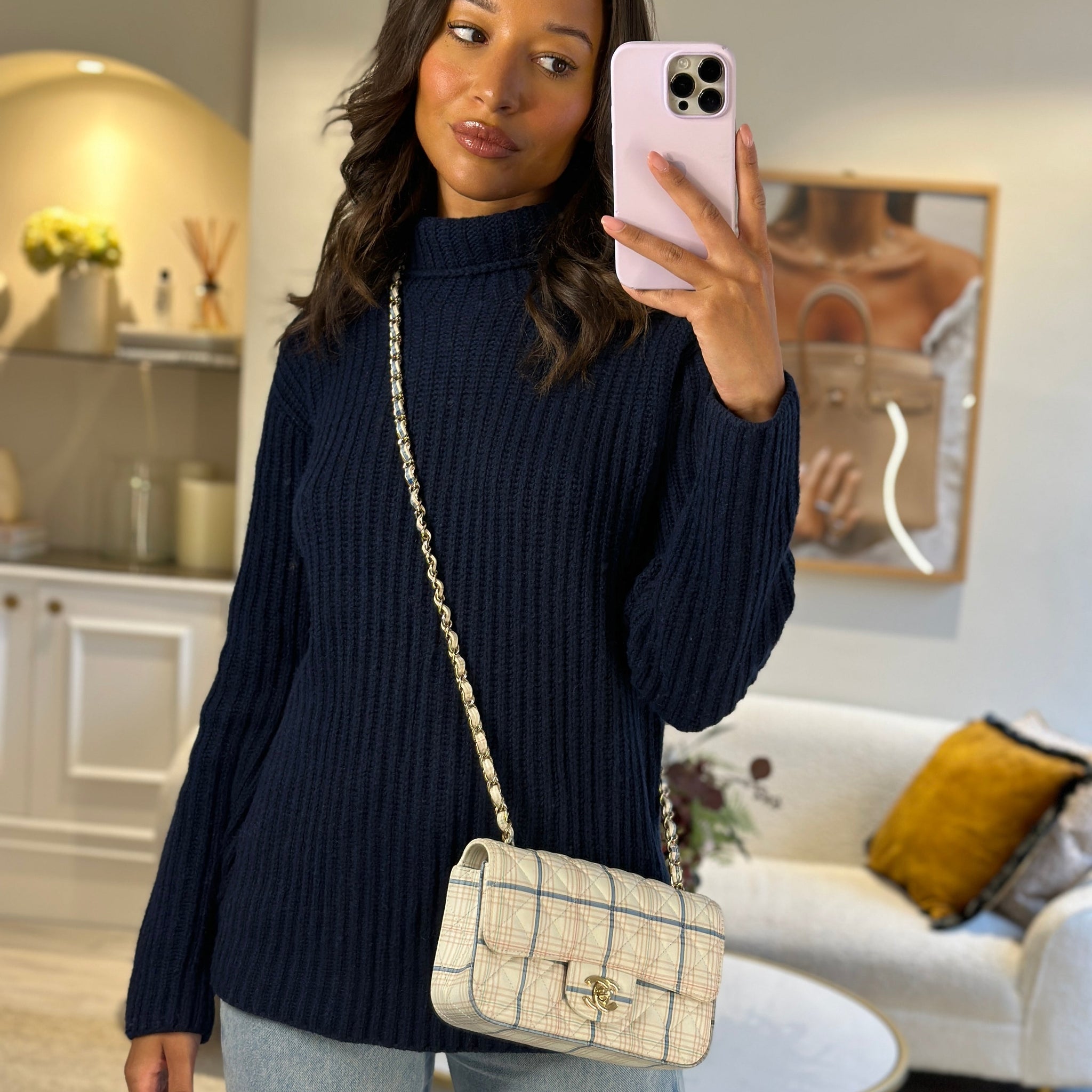 Chanel White Checked Lambskin Mini Flap Bag with Champagne Gold Hardware