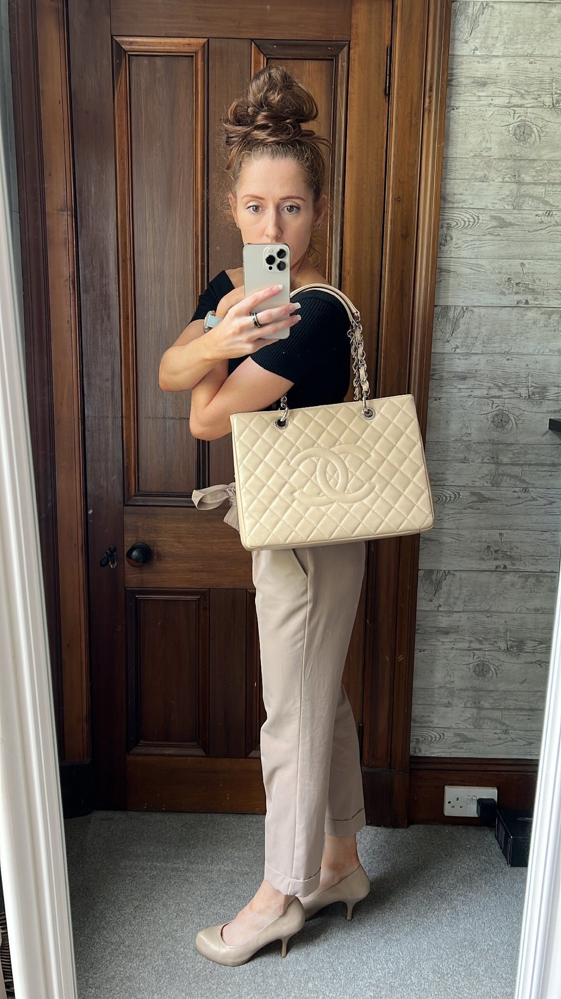 Chanel Light Beige Caviar Grand Shopper Tote with silver hardware (GST)