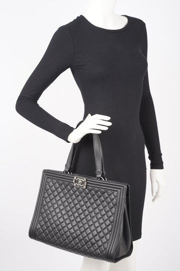 Chanel Womens Lambskin Leather Boy Shopping Tote Black