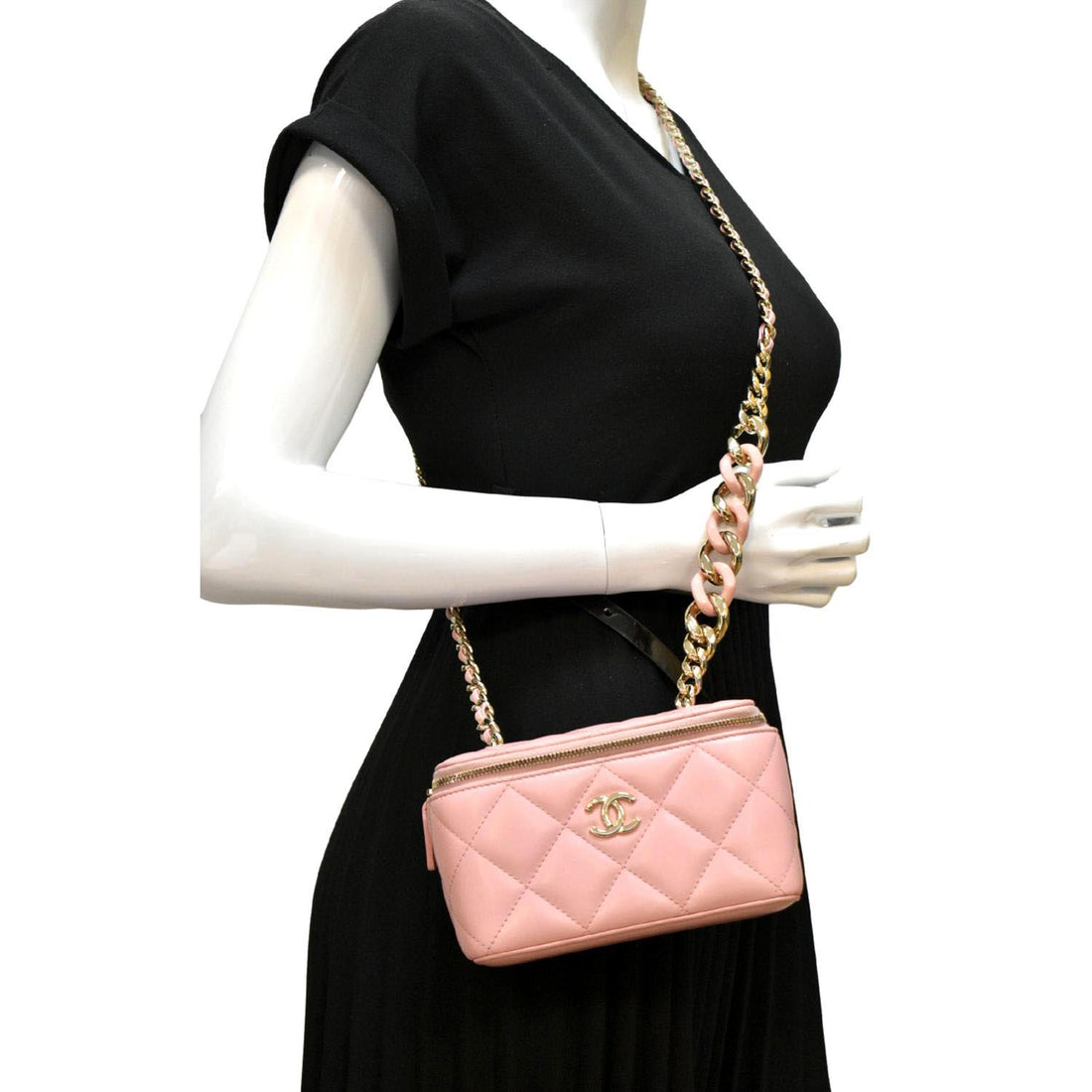 CHANEL Resin Elegant Chain Vanity Case Quilted Leather Shoulder Bag Pink