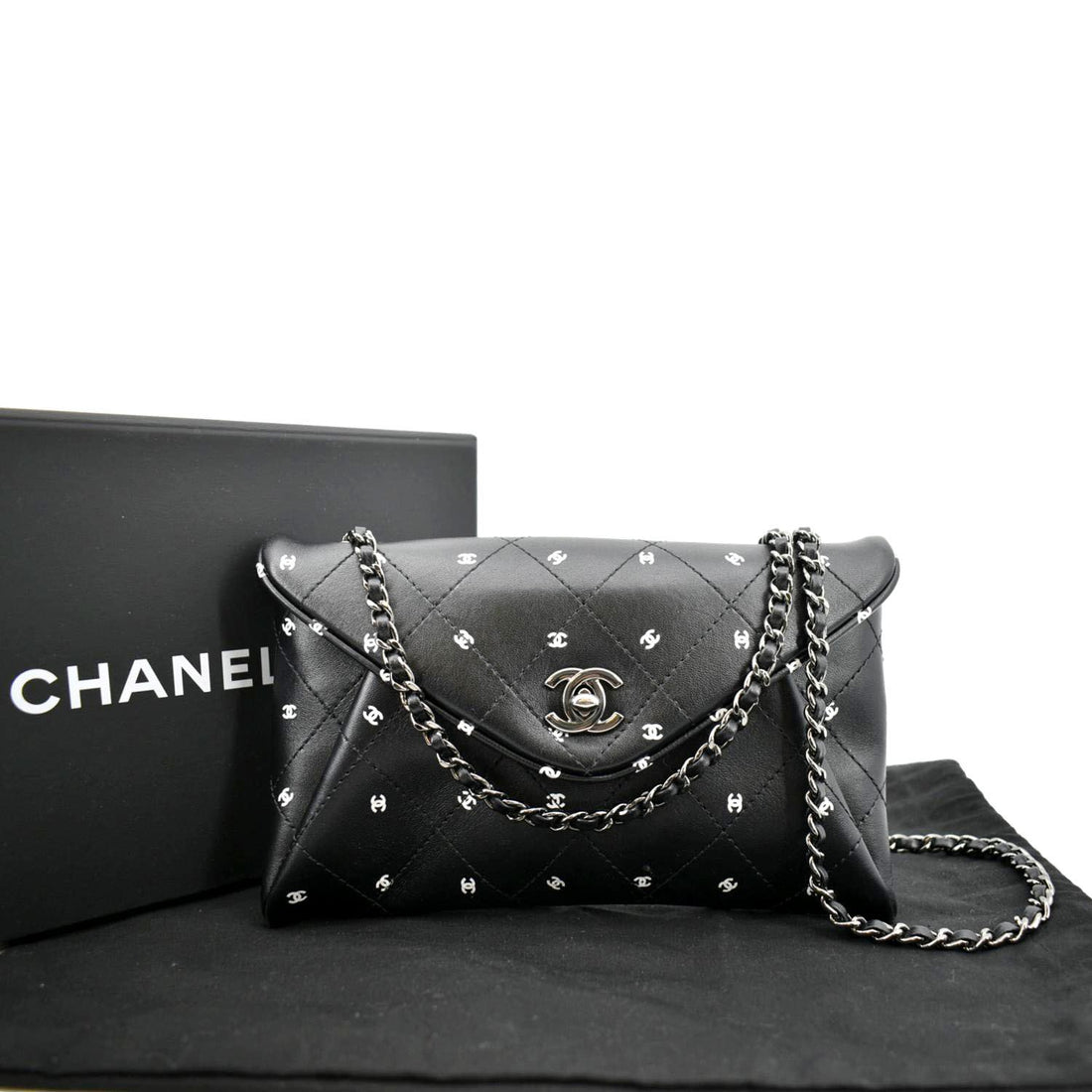 CHANEL CC Envelope Printed Lambskin Leather Chain Clutch Bag Black