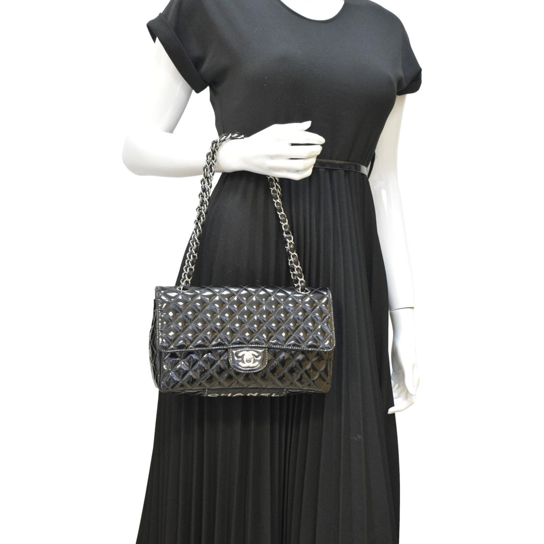 CHANEL Secret Label Flap Patent Leather Shoulder Bag Black