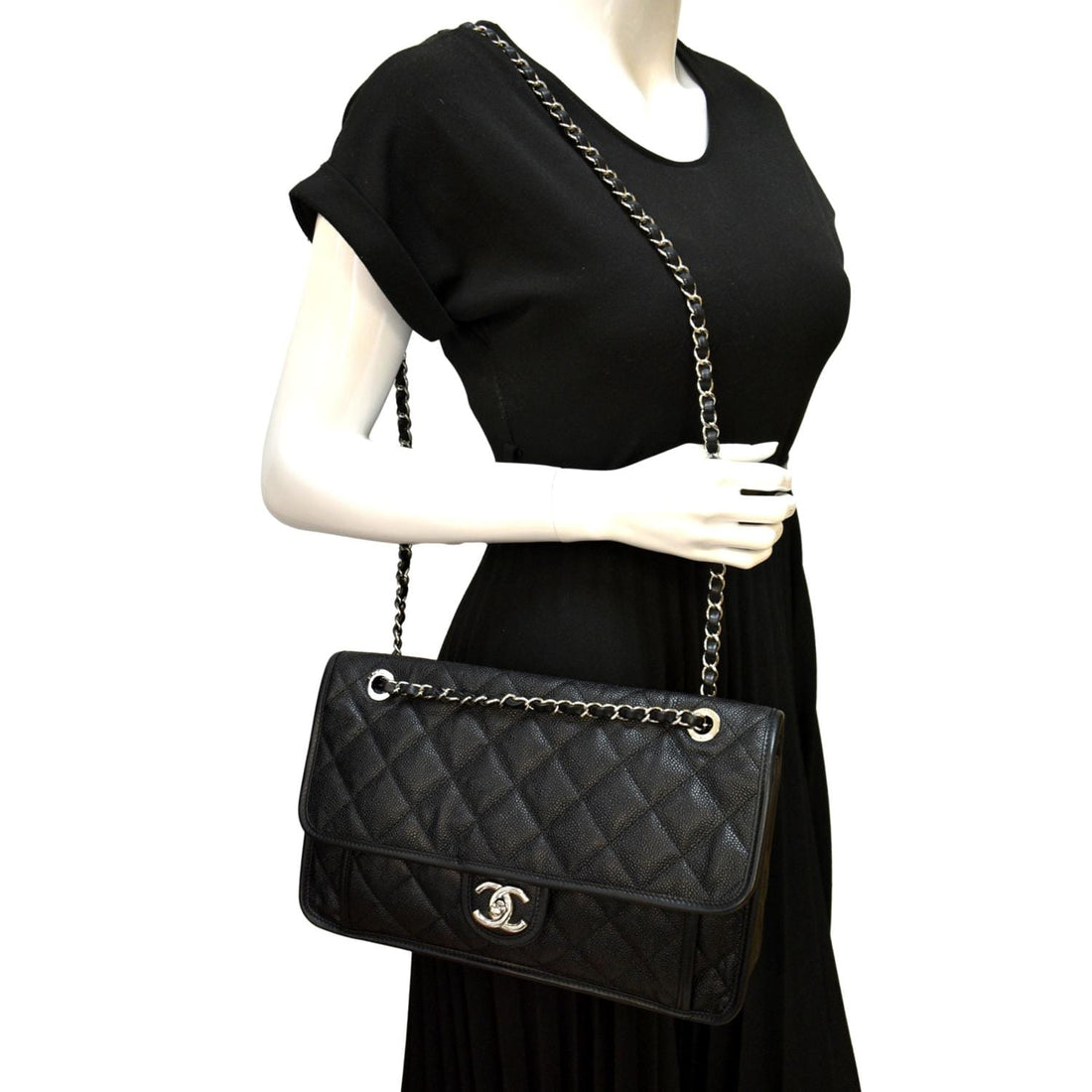 CHANEL Riviera Flap Large Quilted Caviar Leather Shoulder Bag Black