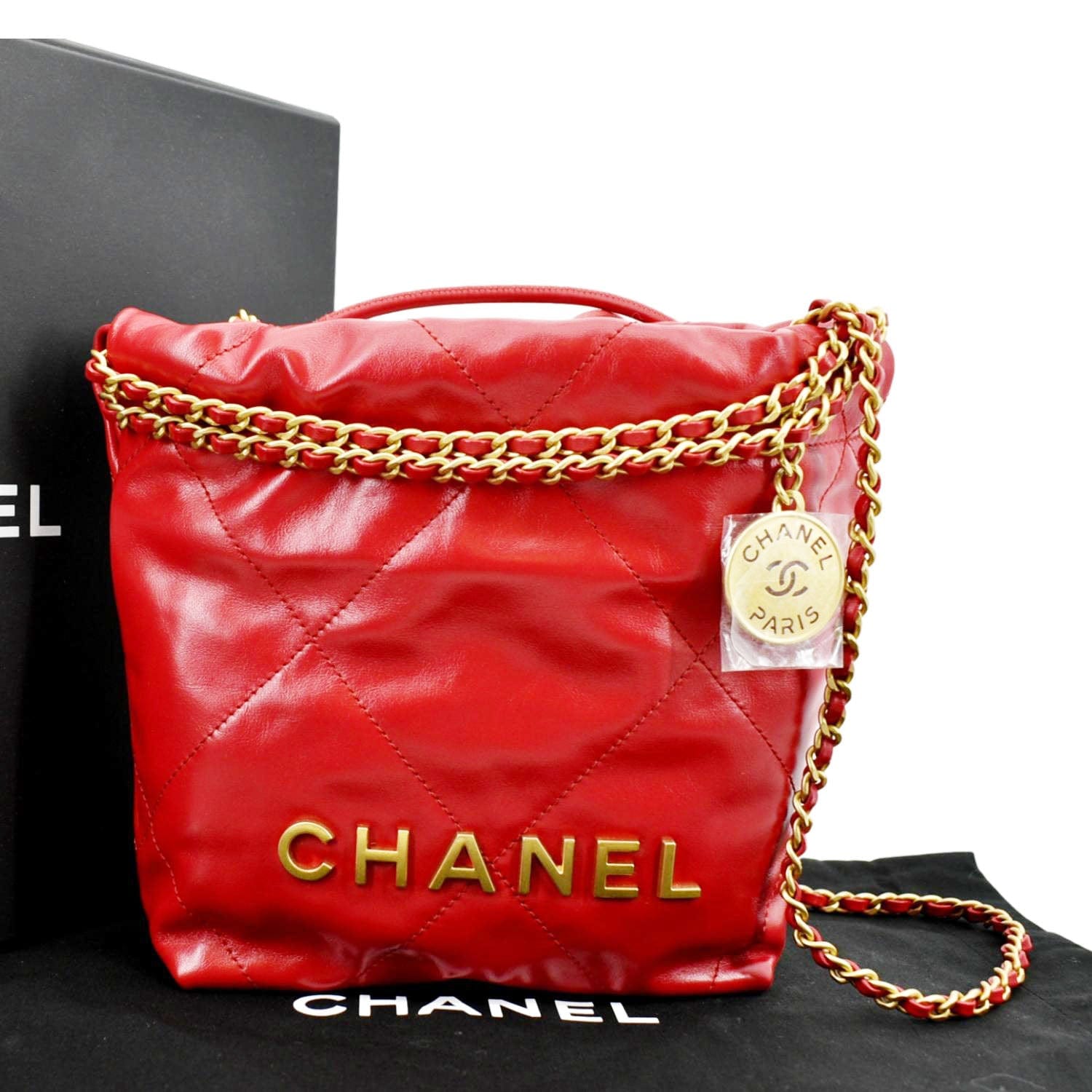 CHANEL 22 Mini Chain Shiny Calfskin Leather Shoulder Bag Red