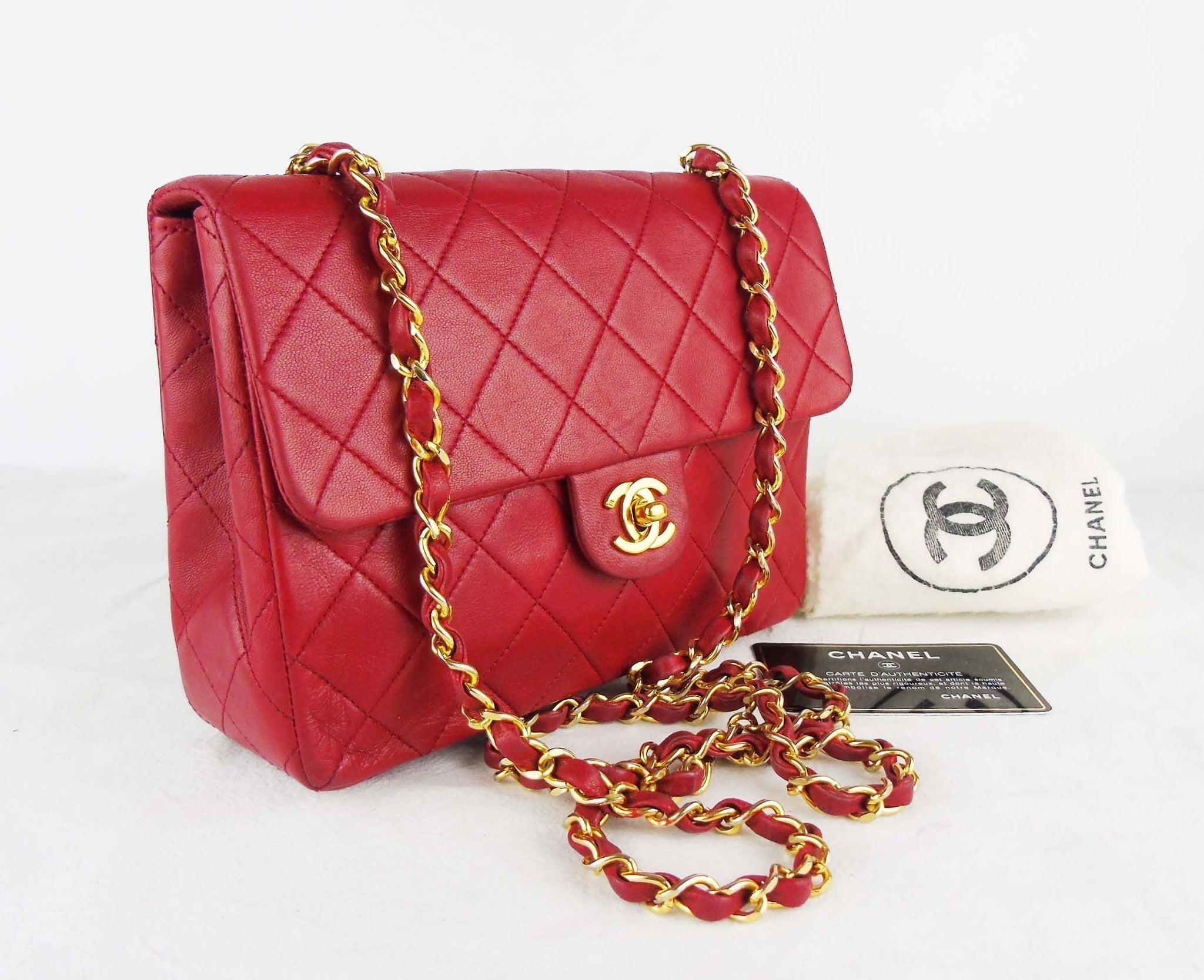 CHANEL red mini square lambskin flap bag ghw - vintage