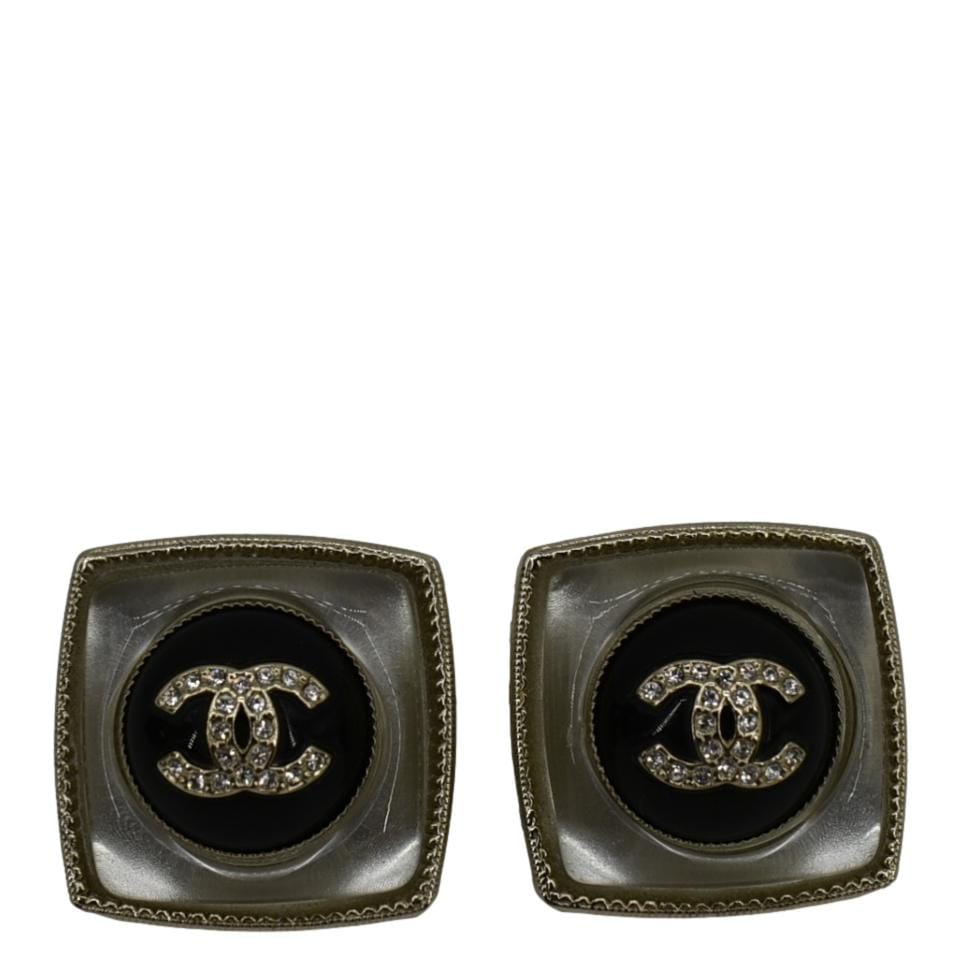 CHANEL Square Clip-on Metal Glass Pearl Strass Earrings Black
