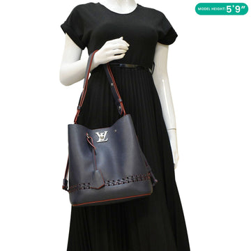 LOUIS VUITTON Lockme Braided Leather Shoulder Bucket Bag Navy