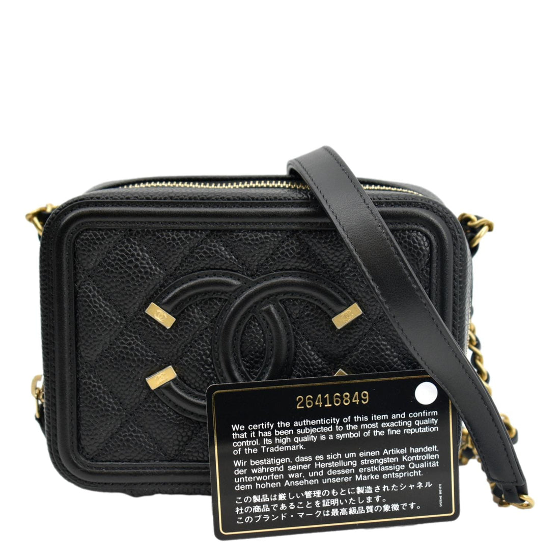 CHANEL CC Filigree Vanity Quilted Caviar Leather Clutch Shoulder Bag Black