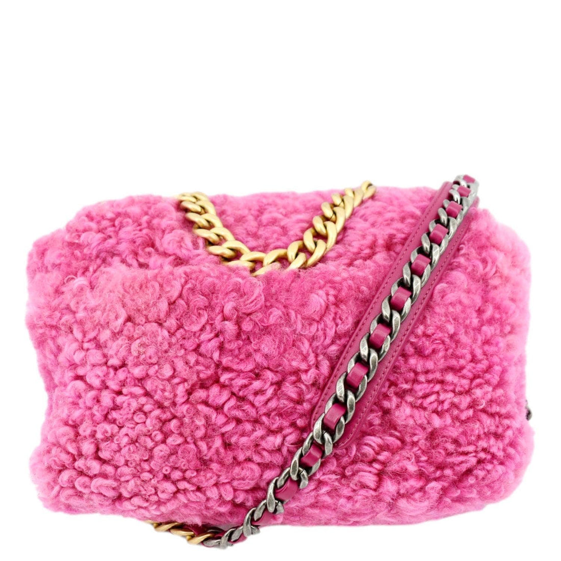 CHANEL 19 Flap Shearling Sheepskin Shoulder Bag Pink