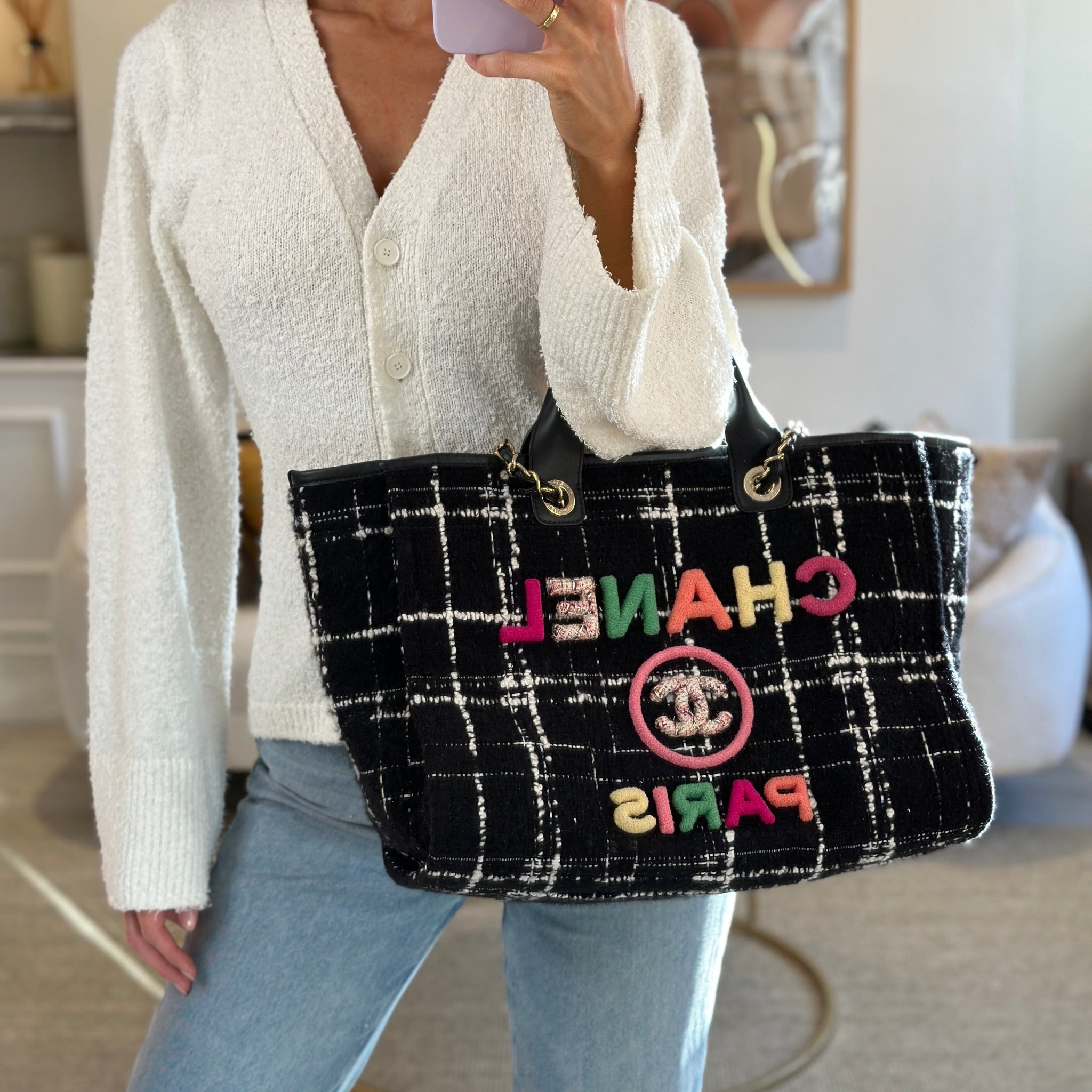 *RUNWAY PIECE* Chanel Fall / Winter 2022 Medium Black and White Wool Deauville Tote Bag with Multicolour Logo and Champagne Gold Hardware