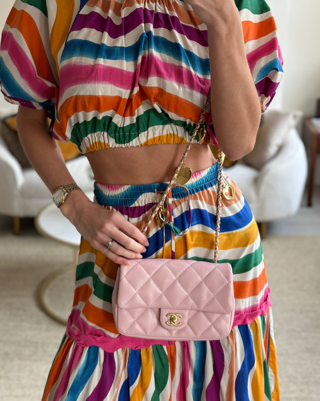 Chanel Pink 22B Mini Flap Bag in Lambskin Leather with Gold Hardware and Hearts Chain Detail