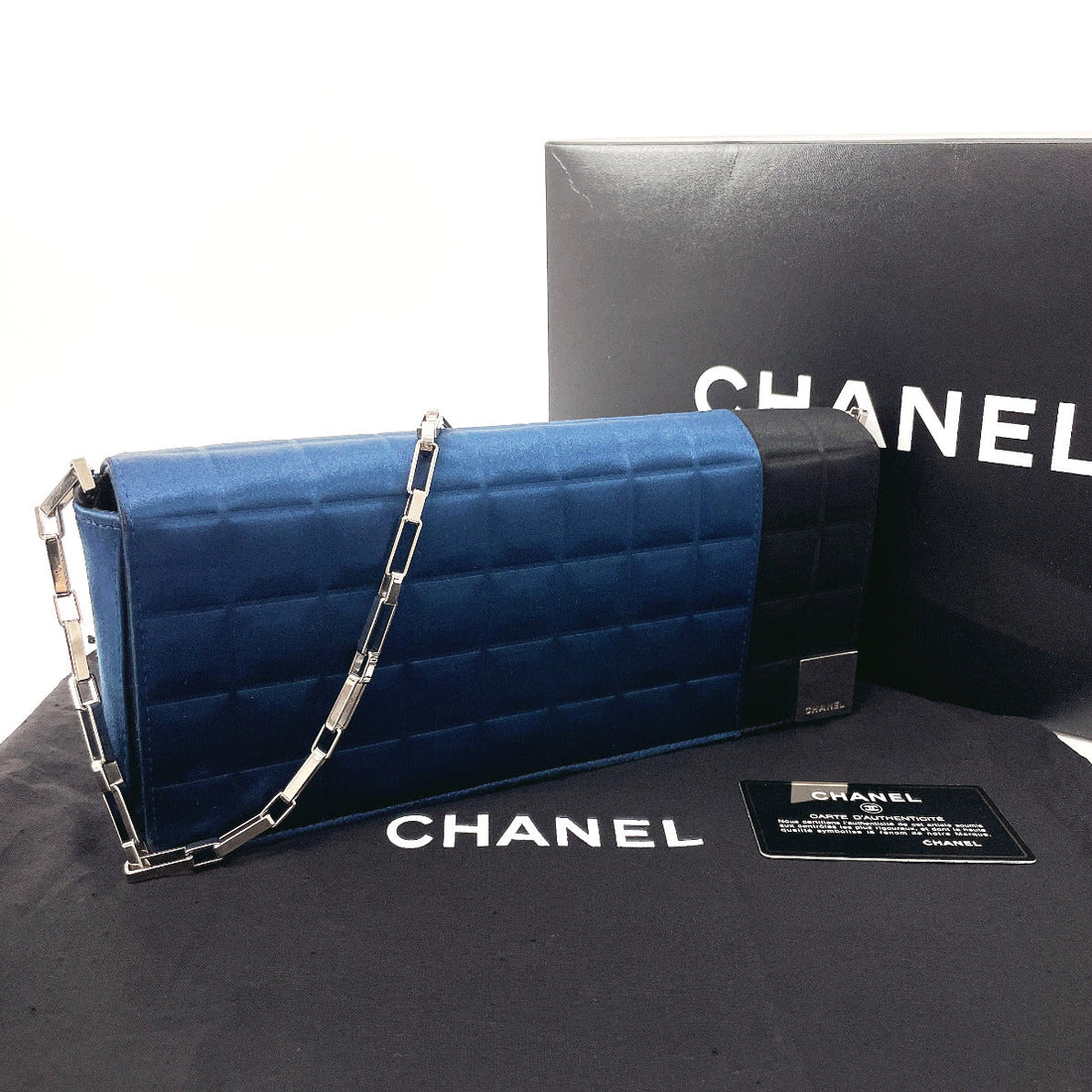 CHANEL Shoulder Bag Satin Navy ChainShoulder Chocolate bar