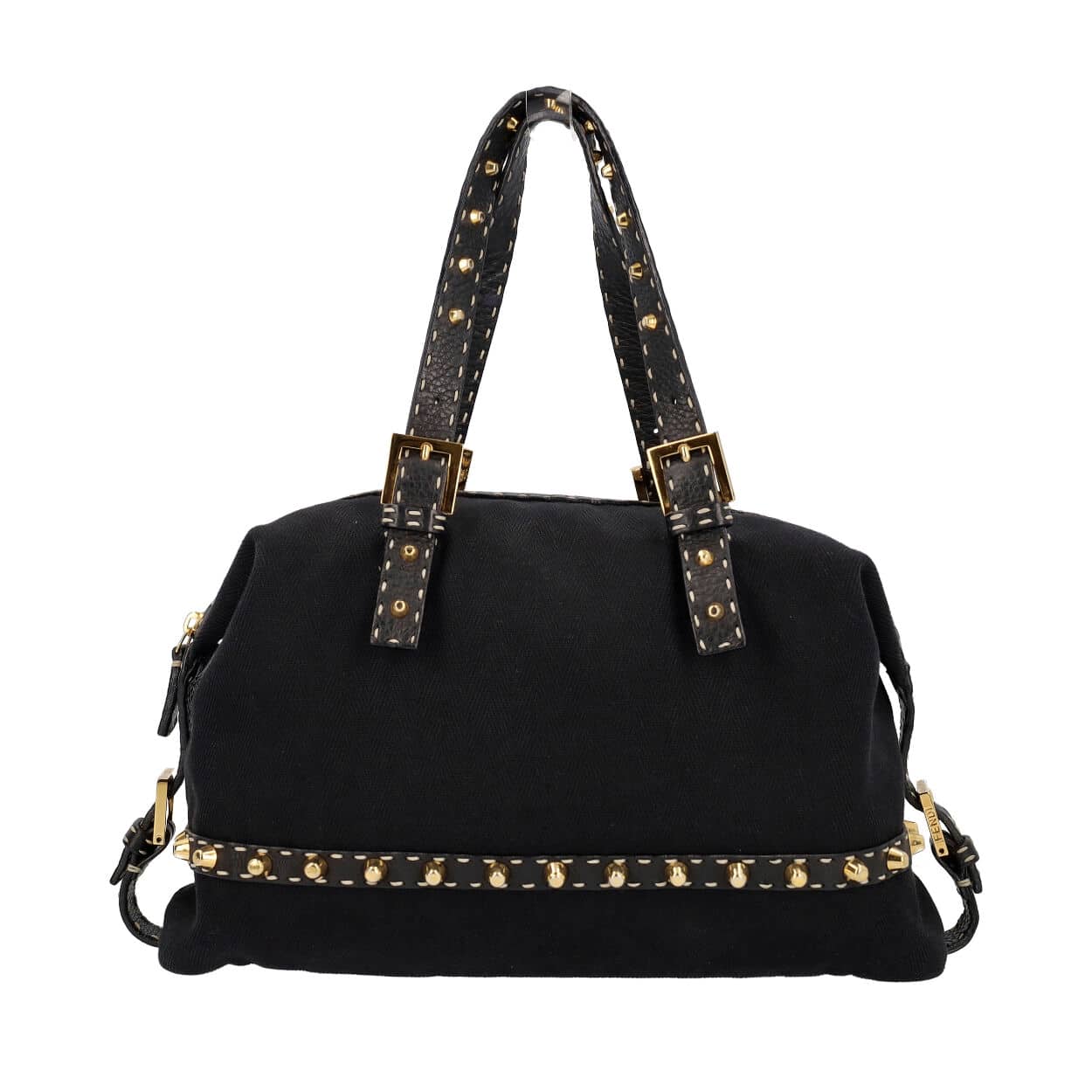 FENDI Canvas Selleria Studded Shoulder Bag Black