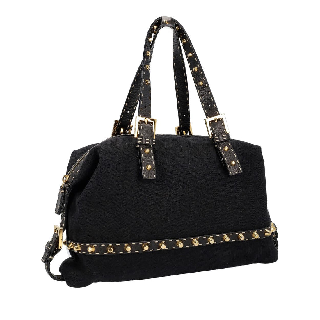 FENDI Canvas Selleria Studded Shoulder Bag Black