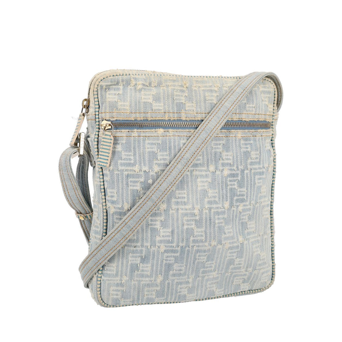 FENDI Denim Distressed Zucca Crossbody Bag Light Blue
