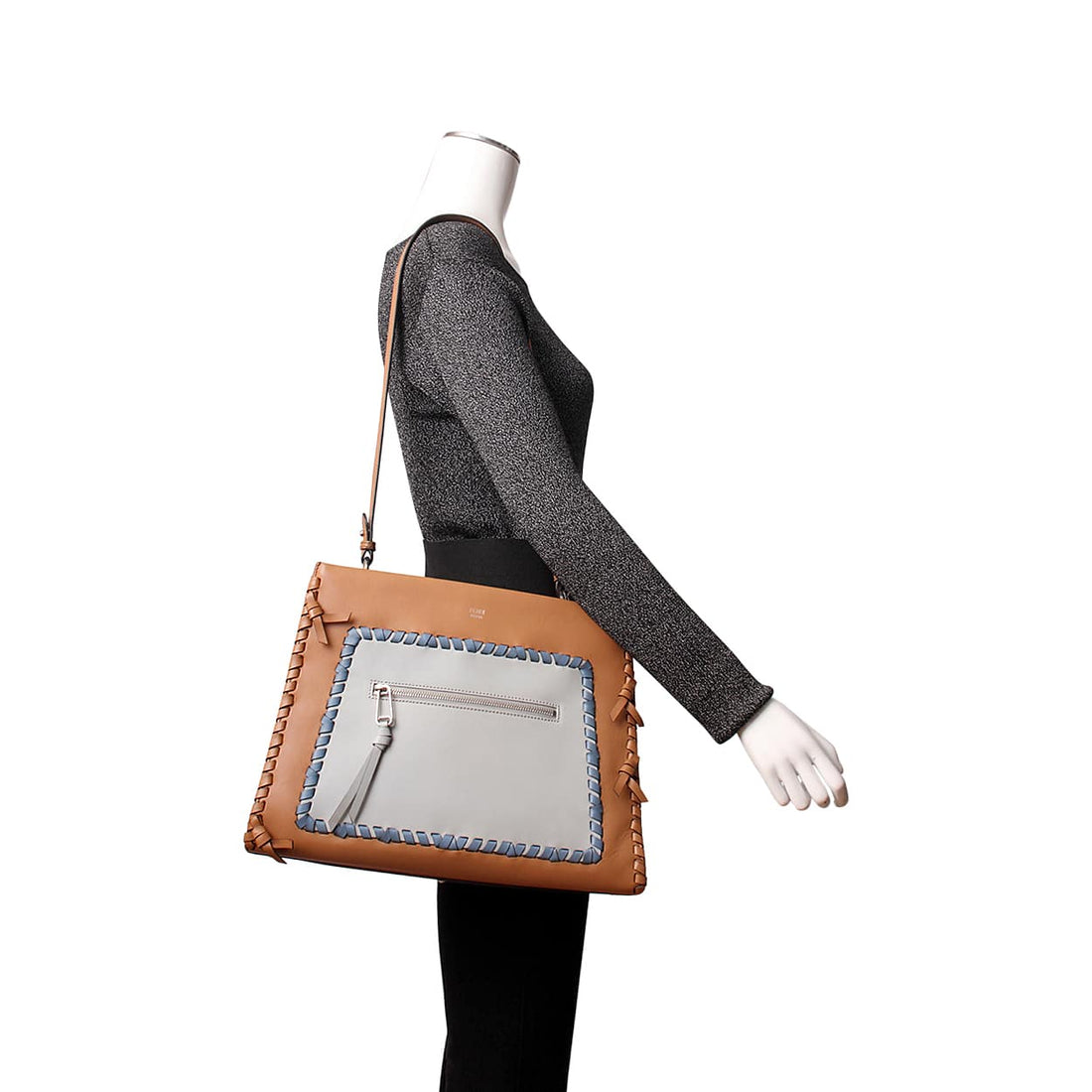 FENDI Leather Whipstitch Runway Shoulder Bag Brown/Blue