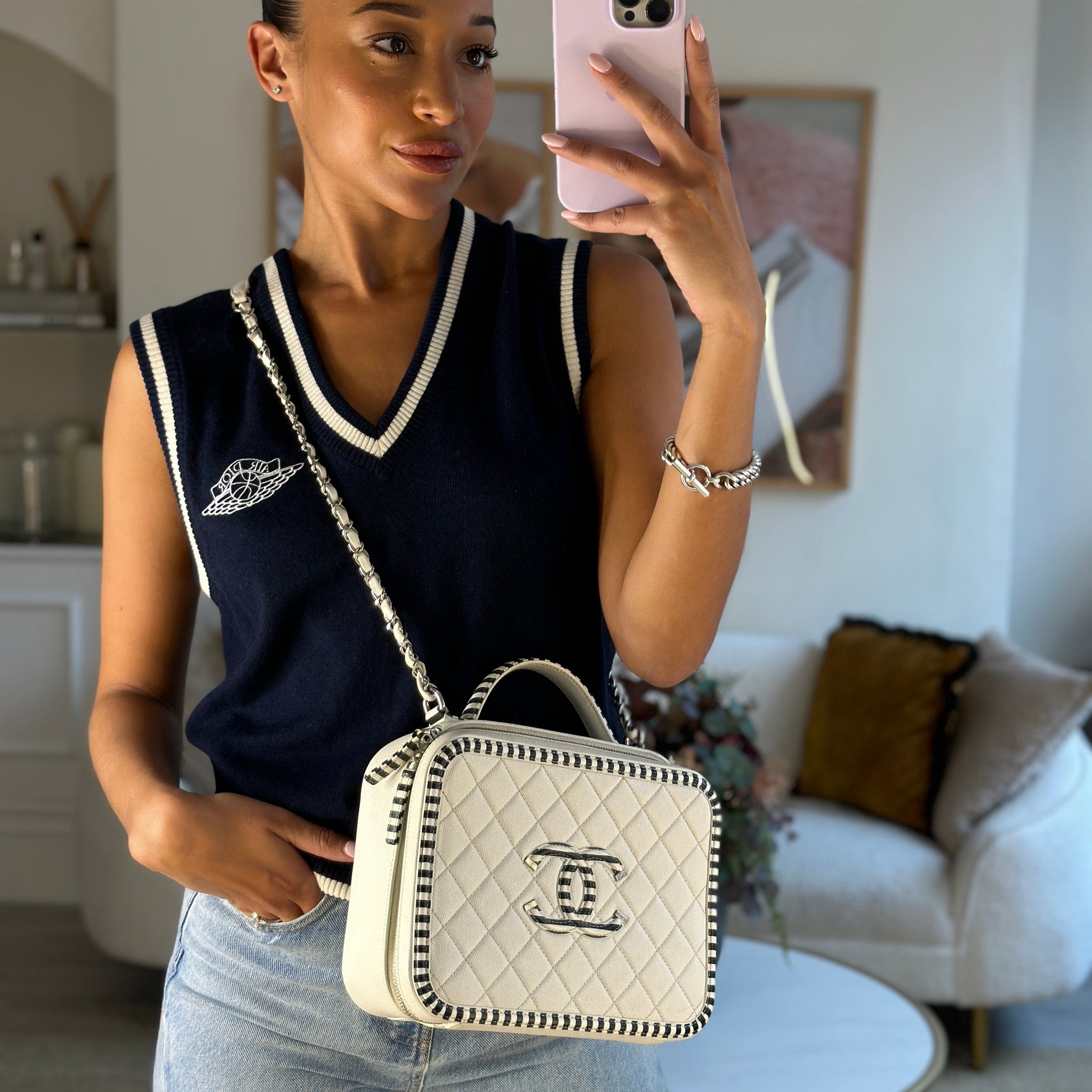 Chanel White Caviar Vanity Case with Zebra Motif CC Logo and Silver Hardware