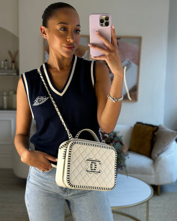 Chanel White Caviar Vanity Case with Zebra Motif CC Logo and Silver Hardware