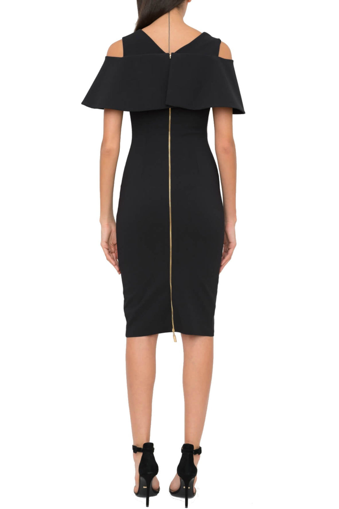 Ingrid Black Stretch Crepe Midi Dress With Cold Shoulder