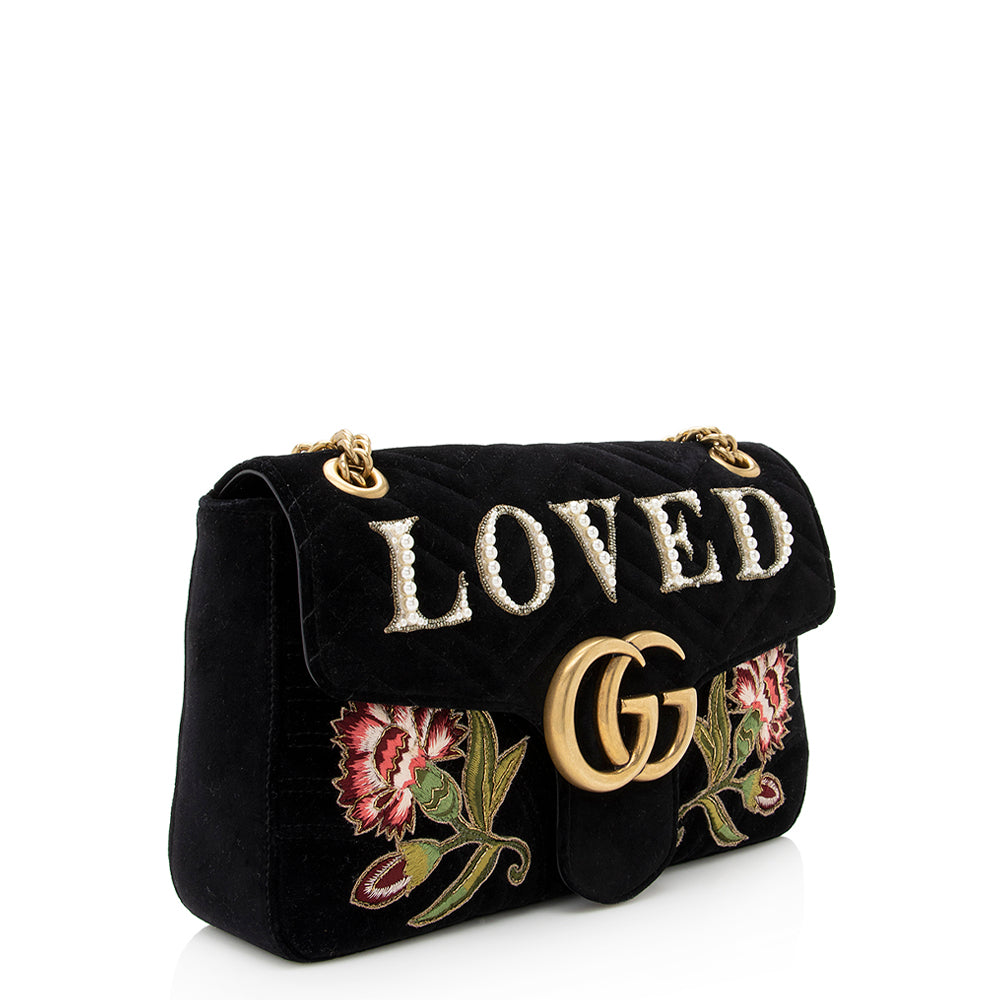 Gucci Matelasse Velvet Embroidered Loved Floral GG Marmont Medium Shoulder Bag