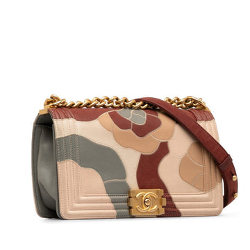 Chanel Medium Camellia Patchwork Le Boy Flap Bag Leather Shoulder Bag in Good condition