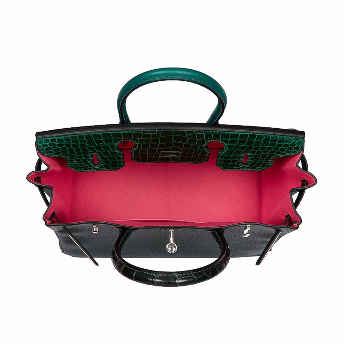 Hermès Birkin 30 "Patchwork" Vert Fonce Vert Titen Emerald Chevre Clemence Box Calf Porosus Crocodile Palladium Hardware
