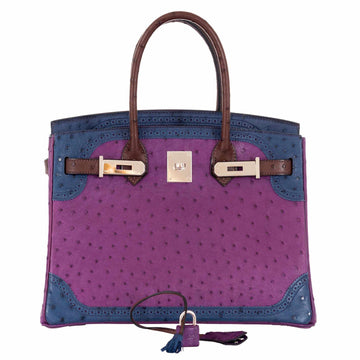 Hermès Birkin 30 Tri Color Ostrich Violine Blue De Malt And Marron Palladium Hardware