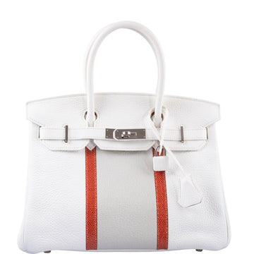 Hermès Club Birkin 30 White, Grey Clemence & Sanguine Lizard Palladium Hardware