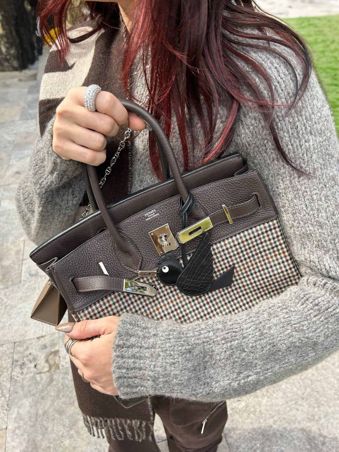 Hermès Lainage Birkin 30 Houndstooth Plaid Wool and Ebene Togo Palladium Hardware