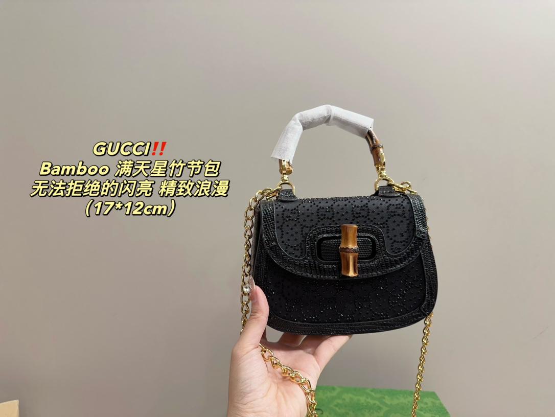 Luxury GUCCI Mini Crystal Chain Shoulder Bag  Iconic Bamboo Slub Bag for Women (Black)